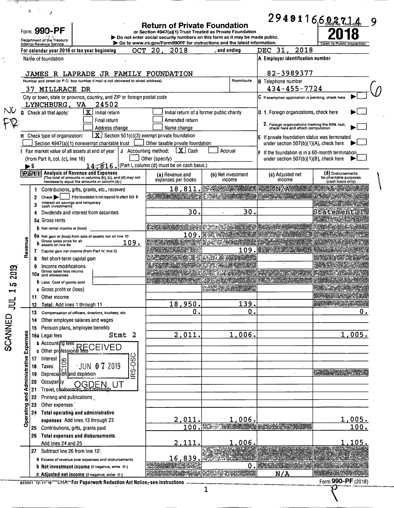 Image of first page of 2018 Form 990PF for James R Laprade JR Family Foundation