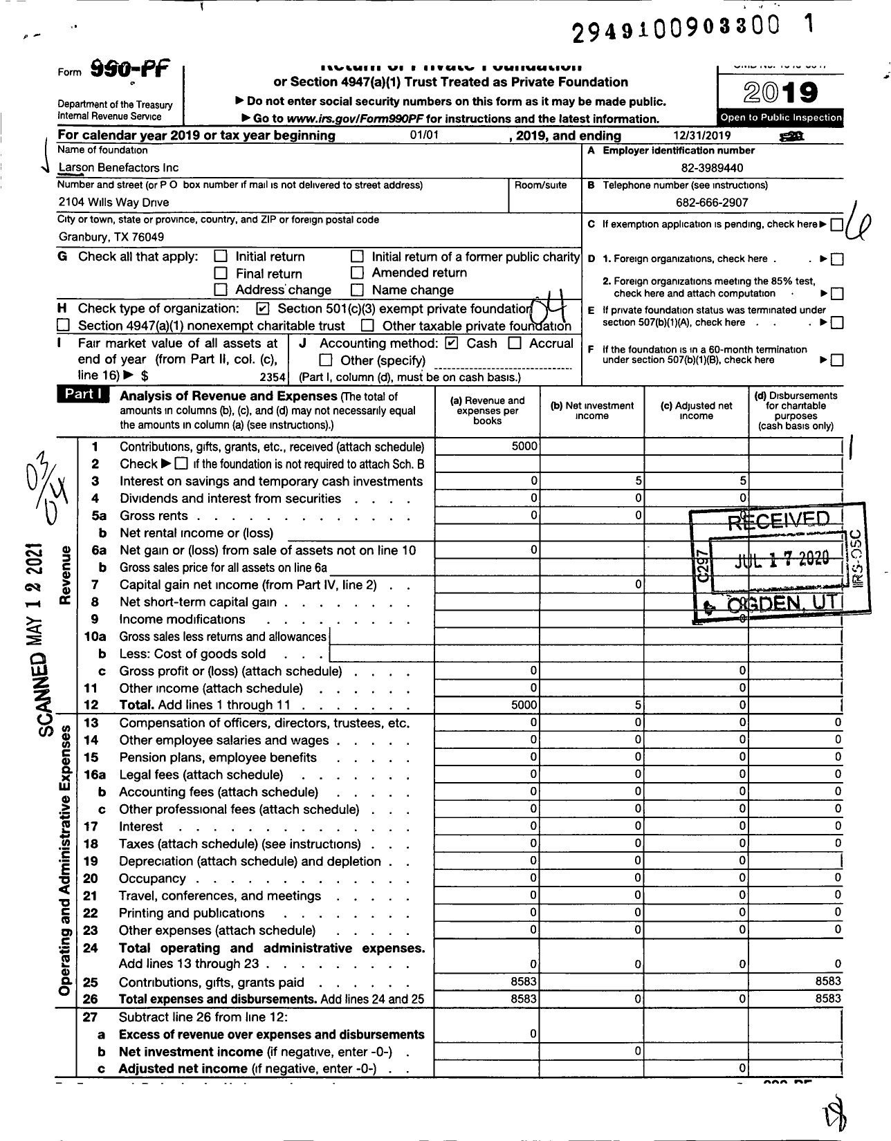 Image of first page of 2019 Form 990PF for Larson Benefactors