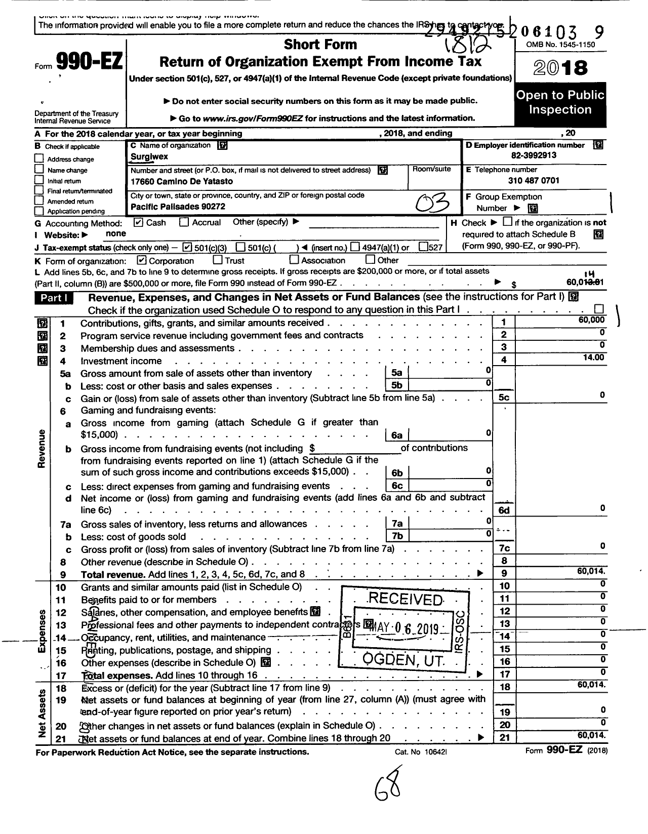 Image of first page of 2018 Form 990EZ for Surgiwex