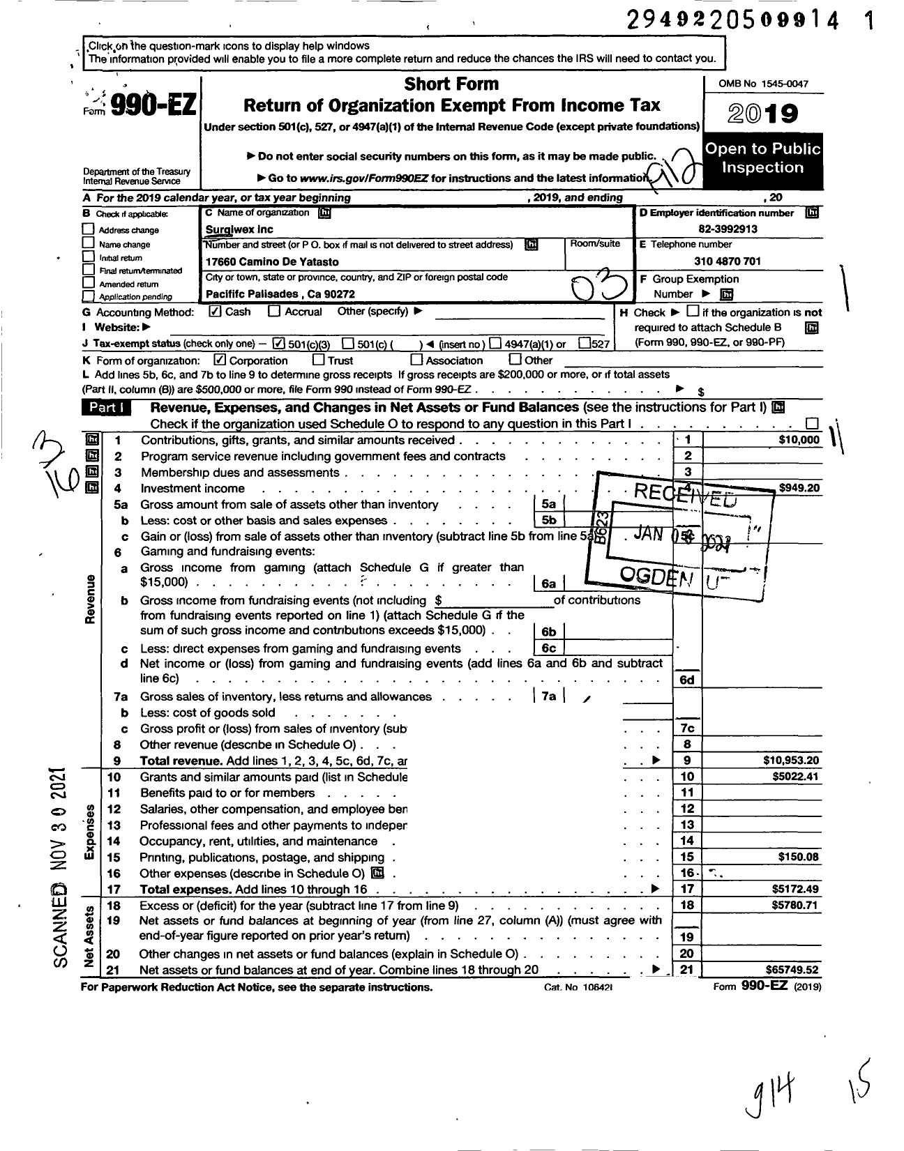 Image of first page of 2019 Form 990EZ for Surgiwex