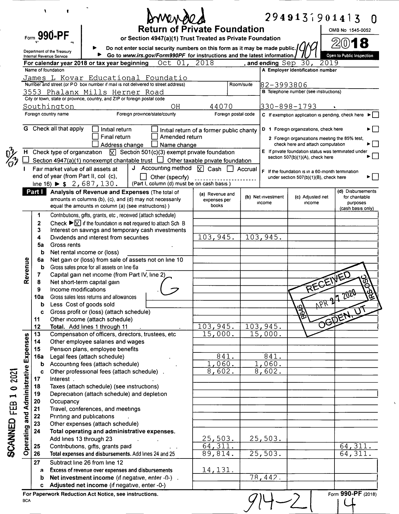 Image of first page of 2018 Form 990PF for James L Kovar Educational Foundation