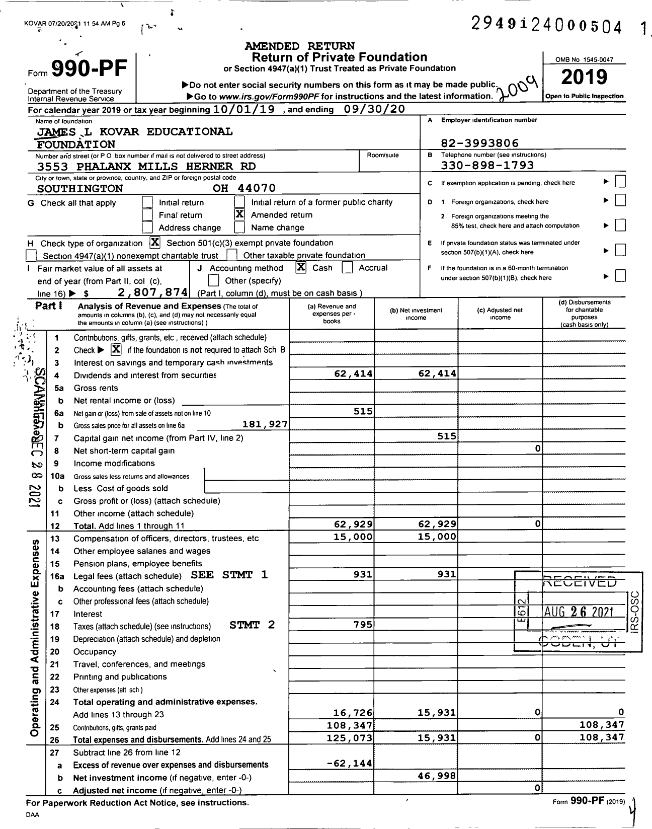 Image of first page of 2019 Form 990PF for James L Kovar Educational Foundation