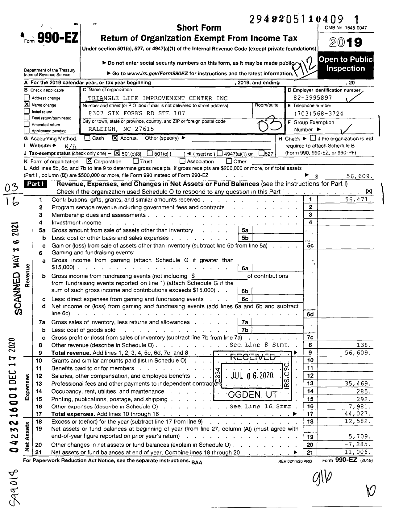 Image of first page of 2019 Form 990EZ for Triangle Life Improvement Center