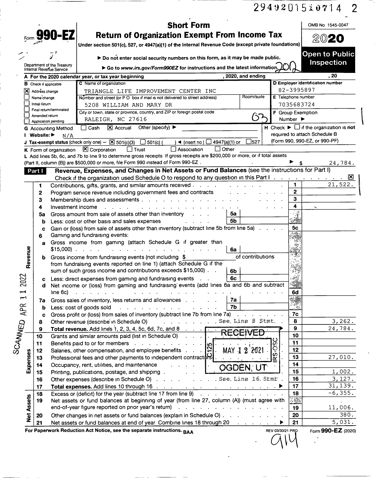 Image of first page of 2020 Form 990EZ for Triangle Life Improvement Center