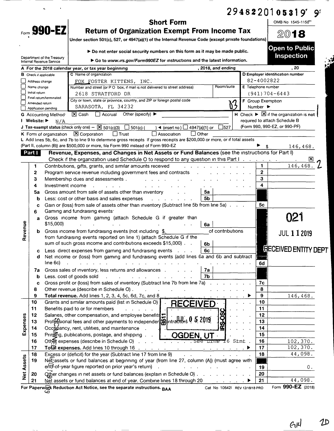 Image of first page of 2018 Form 990EZ for Fox Foster Kittens