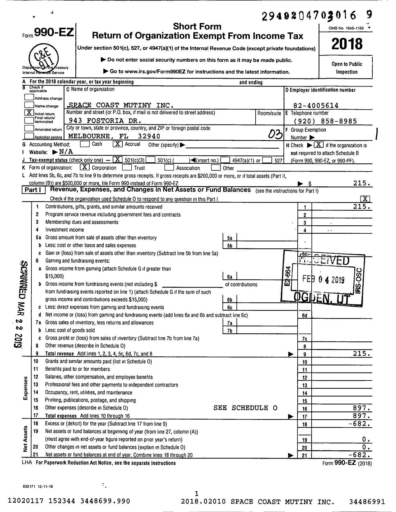 Image of first page of 2018 Form 990EZ for Space Coast Mutiny