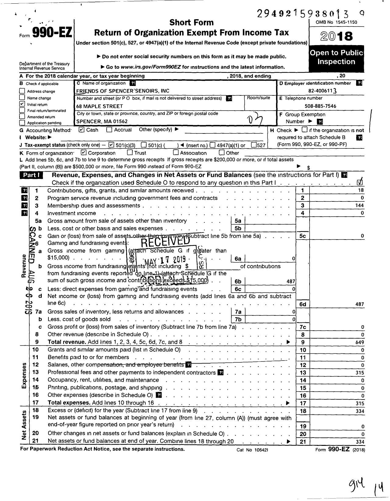 Image of first page of 2018 Form 990EZ for Friends of Spencer Seniors