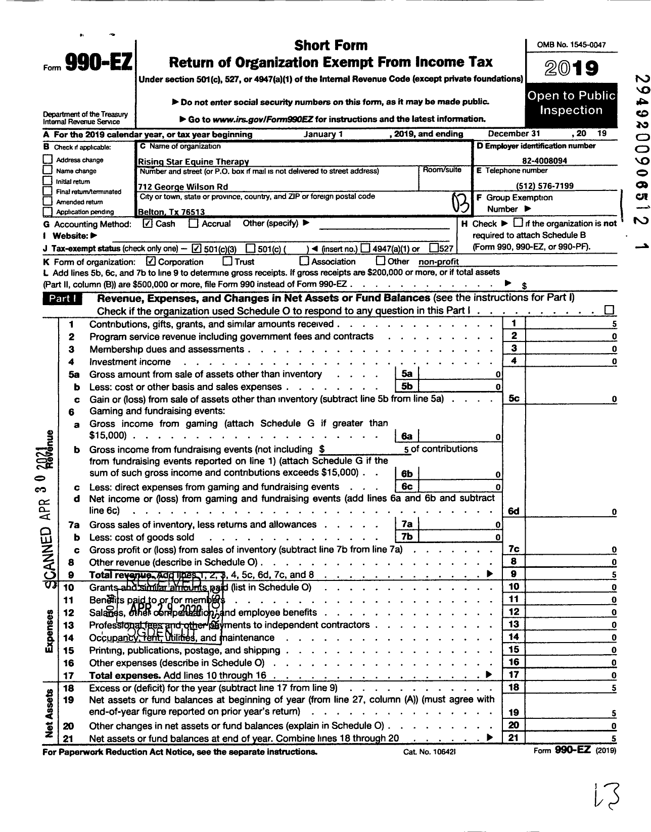 Image of first page of 2019 Form 990EZ for Rising Star Equine Therapy