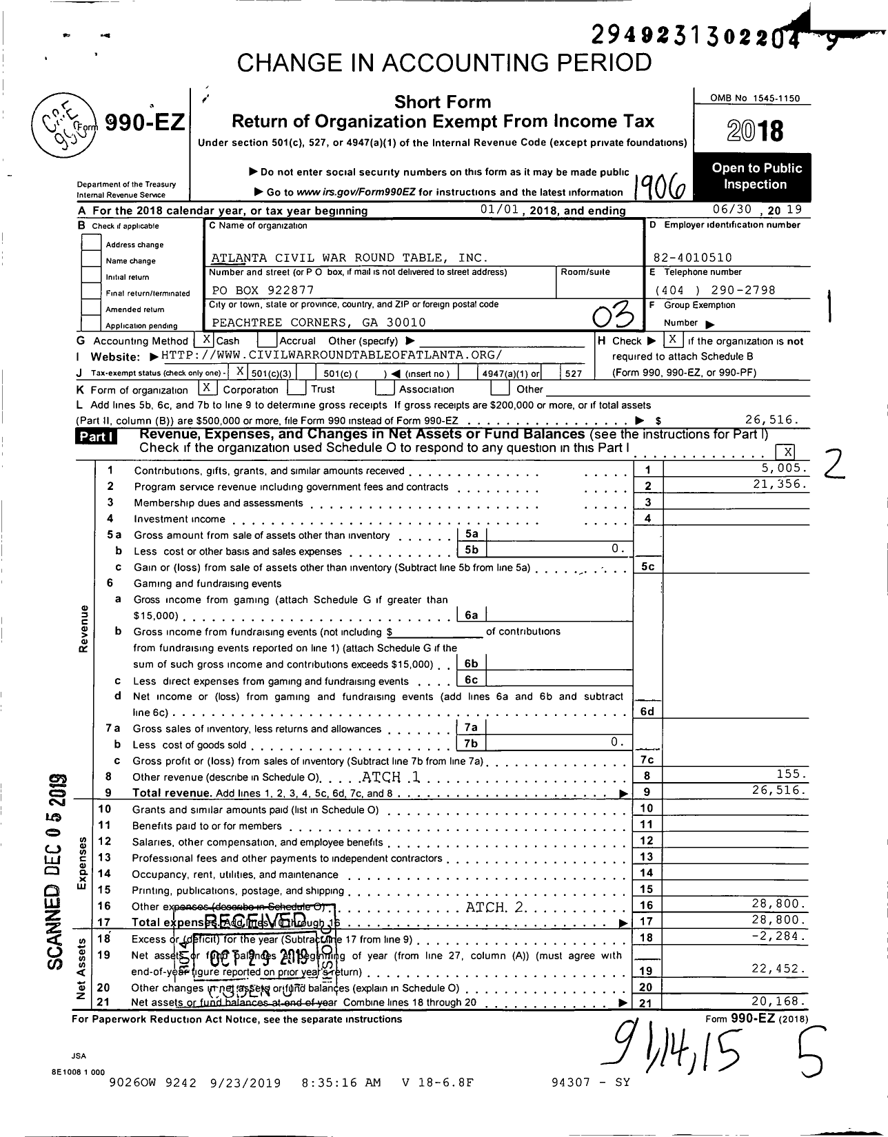 Image of first page of 2018 Form 990EZ for Atlanta Civil War Round Table