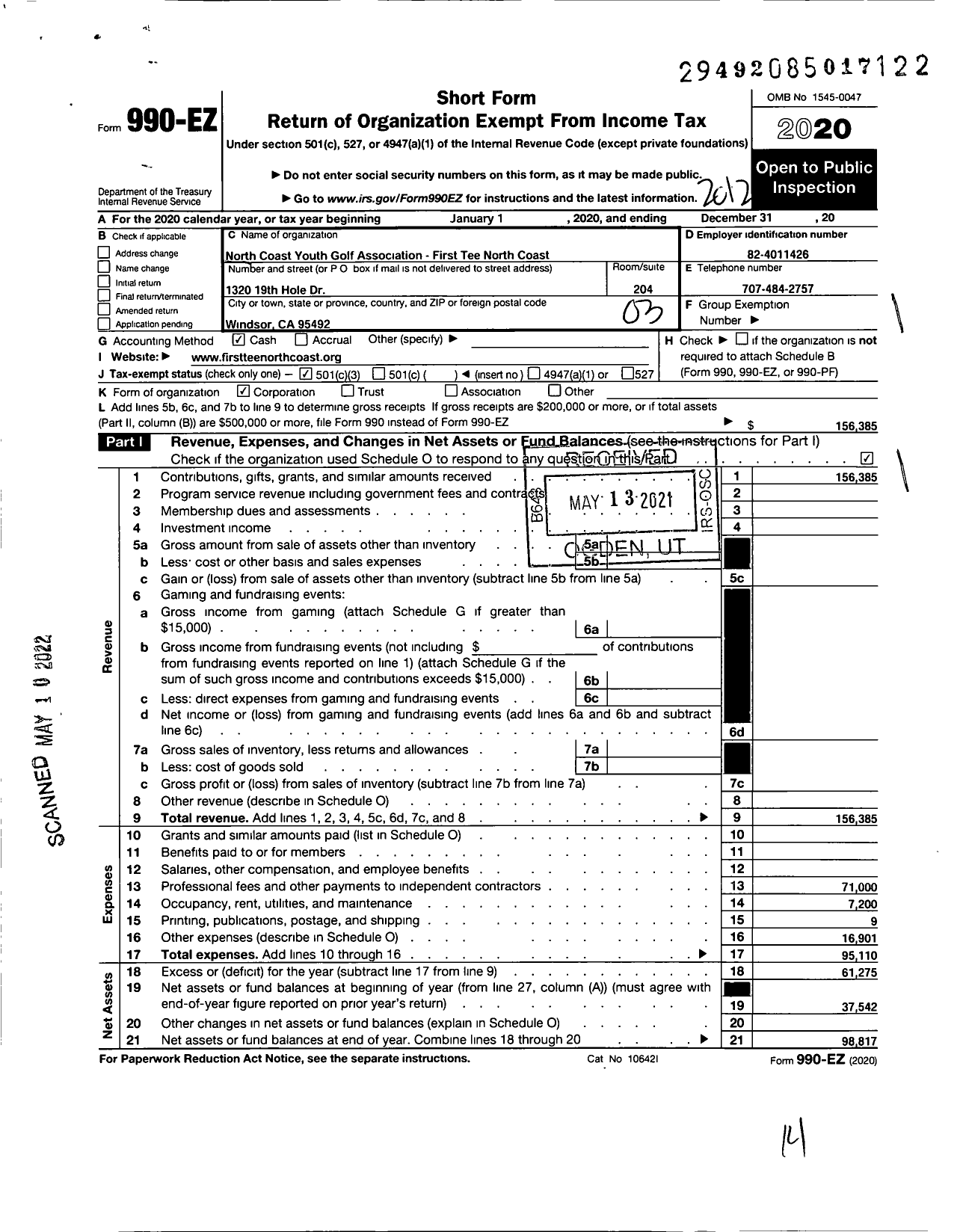 Image of first page of 2020 Form 990EZ for NORTH COAST YOUTH GOLF ASSOCIATION First Tee NORTH COAST