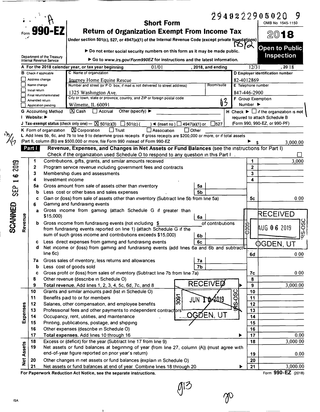 Image of first page of 2018 Form 990EZ for Journey Home Equine Rescue