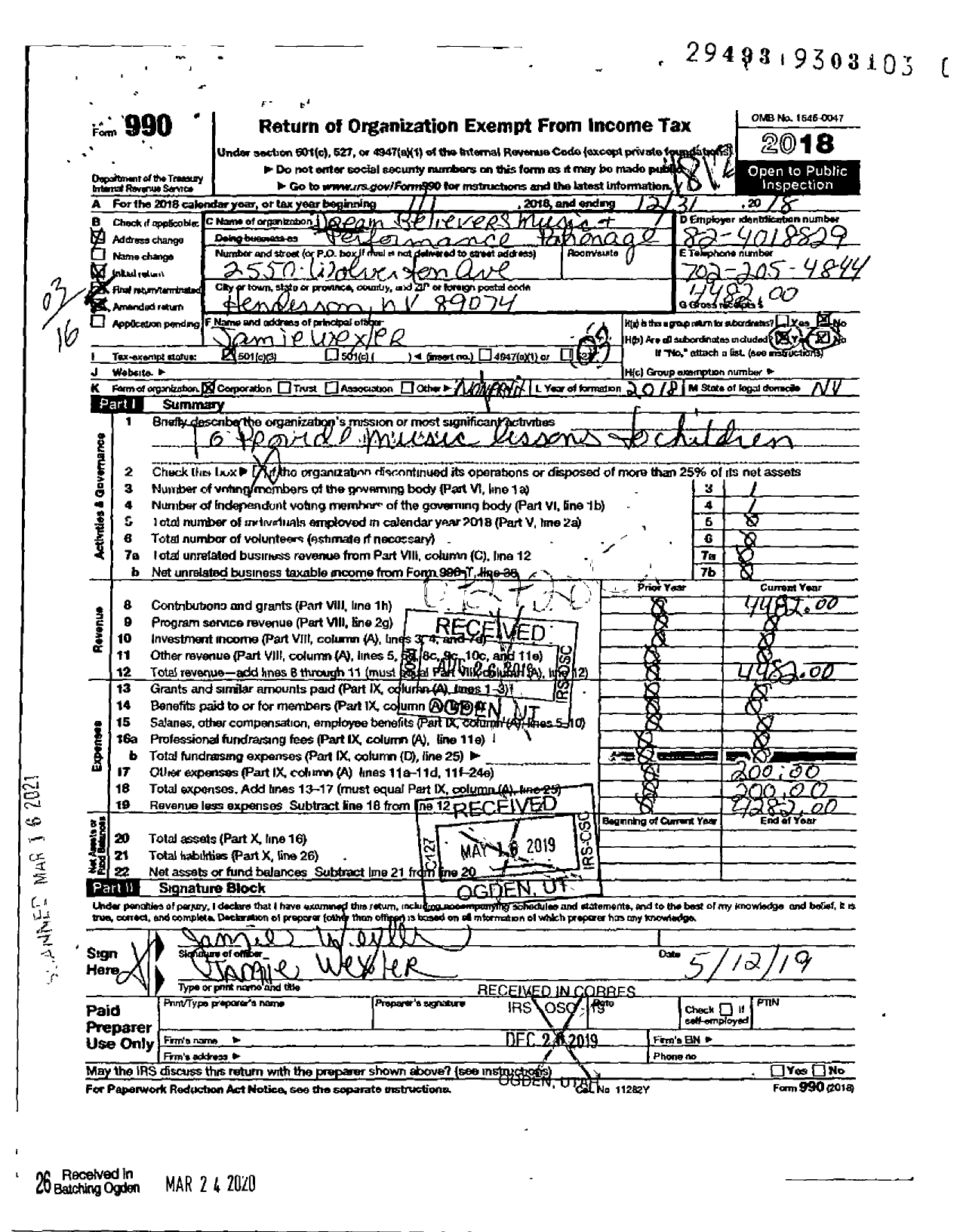 Image of first page of 2018 Form 990 for Dream Believers Music and Performance Patronage