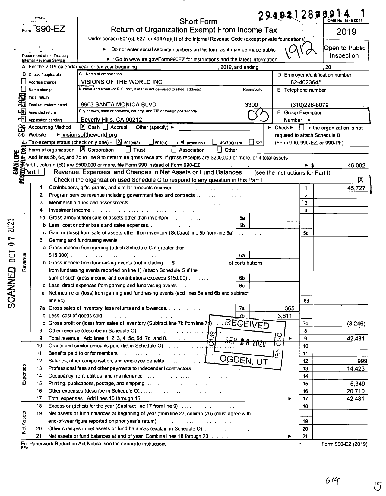 Image of first page of 2019 Form 990EZ for Visions of the World