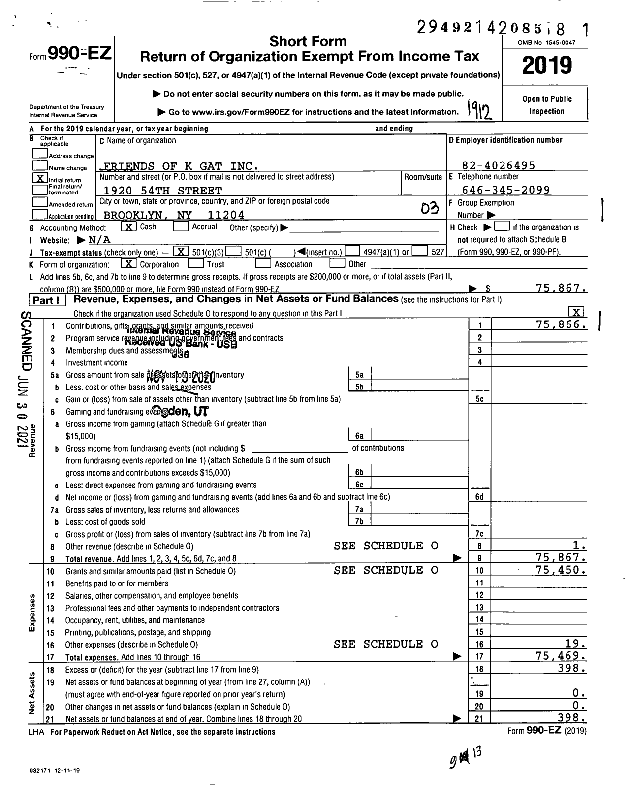 Image of first page of 2019 Form 990EZ for Friends of K Gat