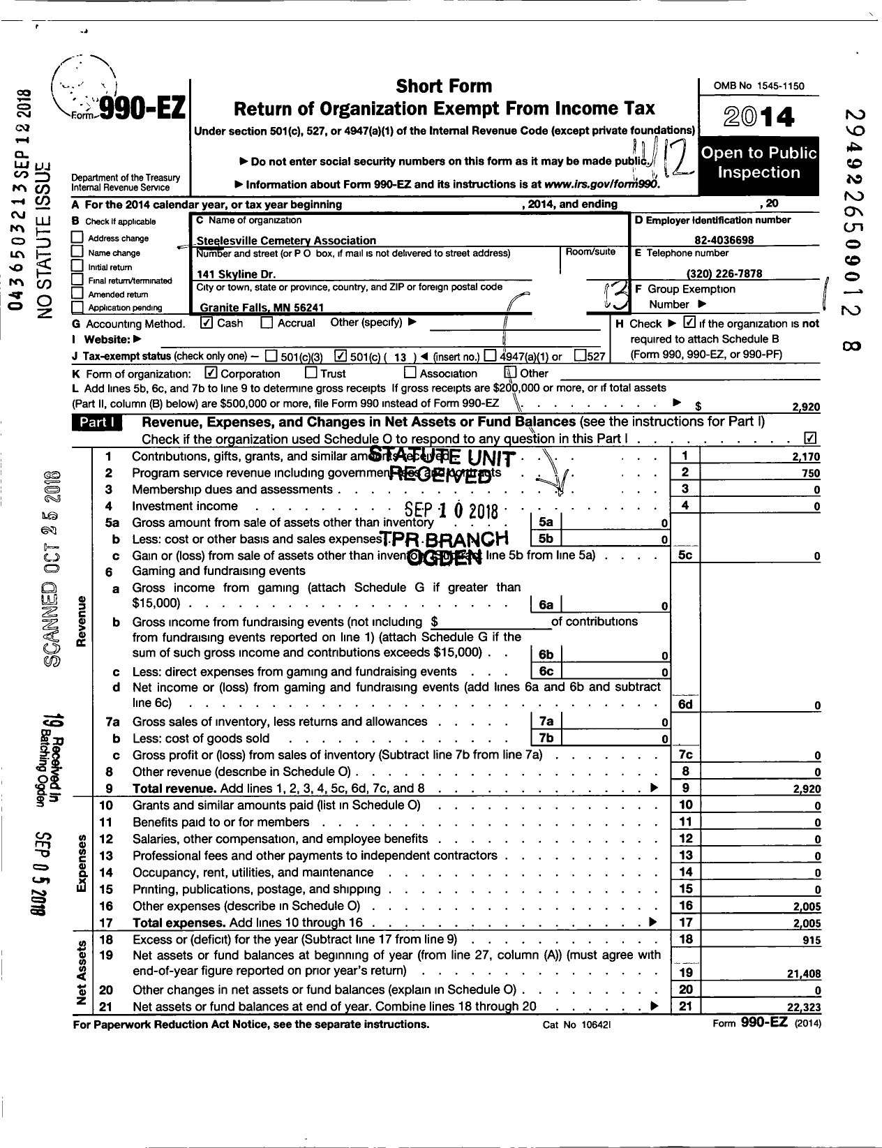 Image of first page of 2014 Form 990EO for Steelesville Cemetery Association