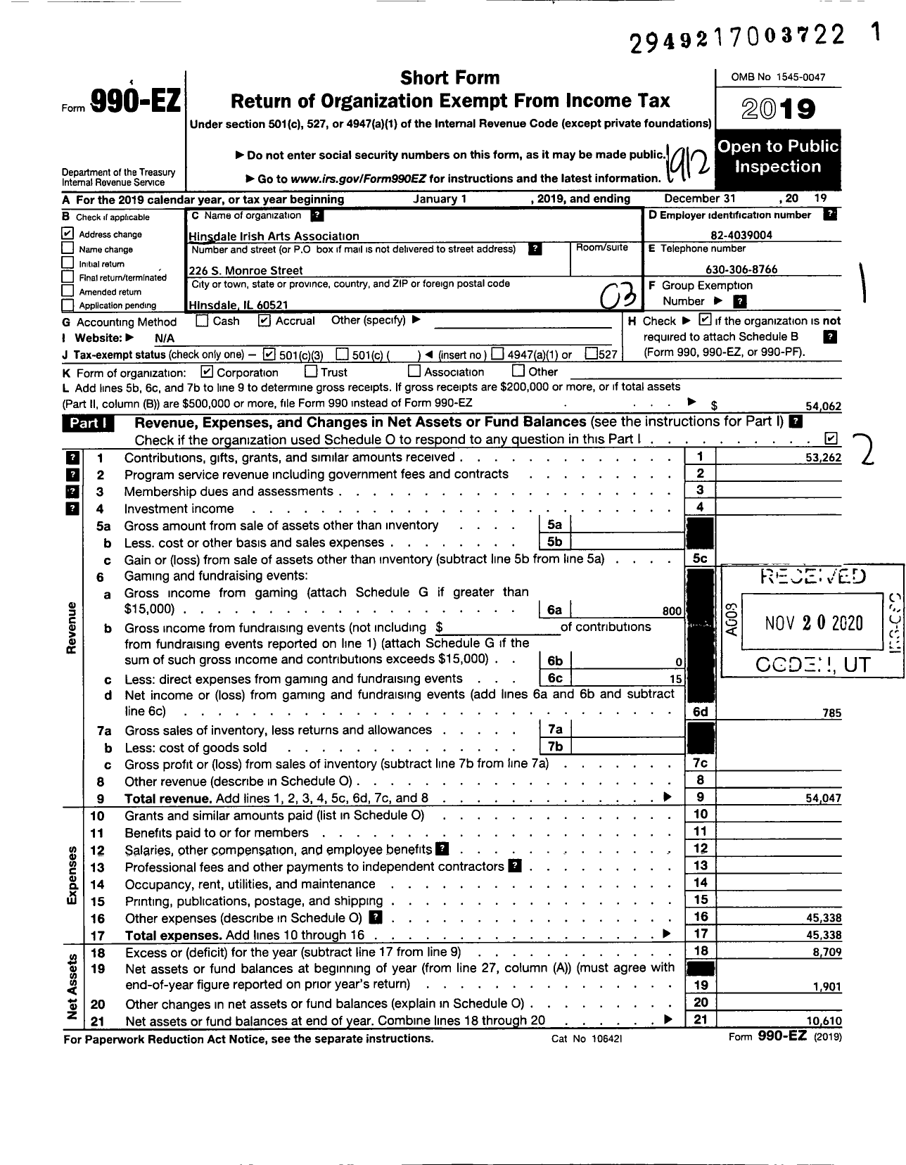 Image of first page of 2019 Form 990EZ for Hinsdale Irish Arts Association