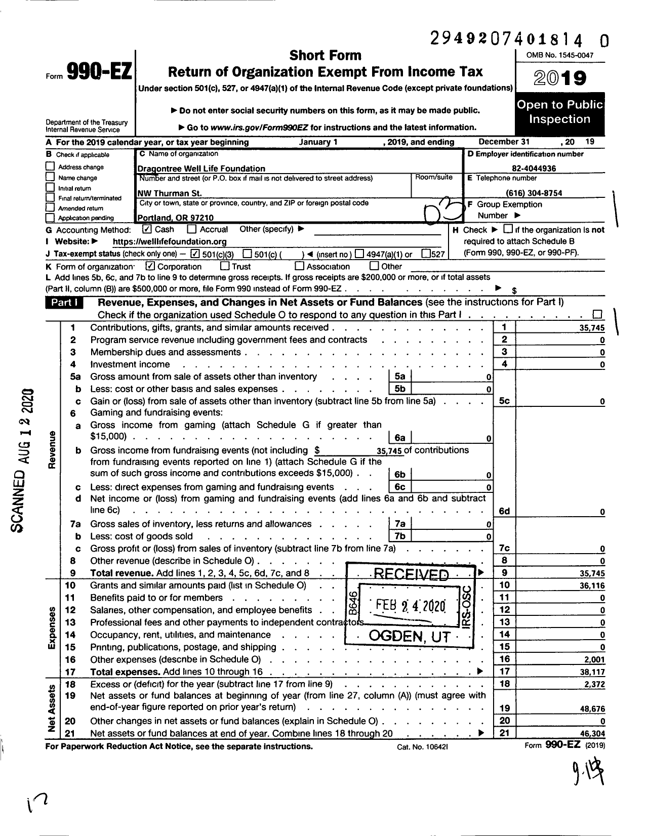 Image of first page of 2019 Form 990EZ for Dragontree Well Life Foundation