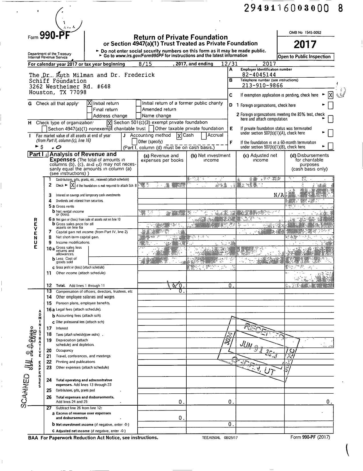 Image of first page of 2017 Form 990PF for The Dr Ruth Milman and Dr Frederick Schiff Foundation