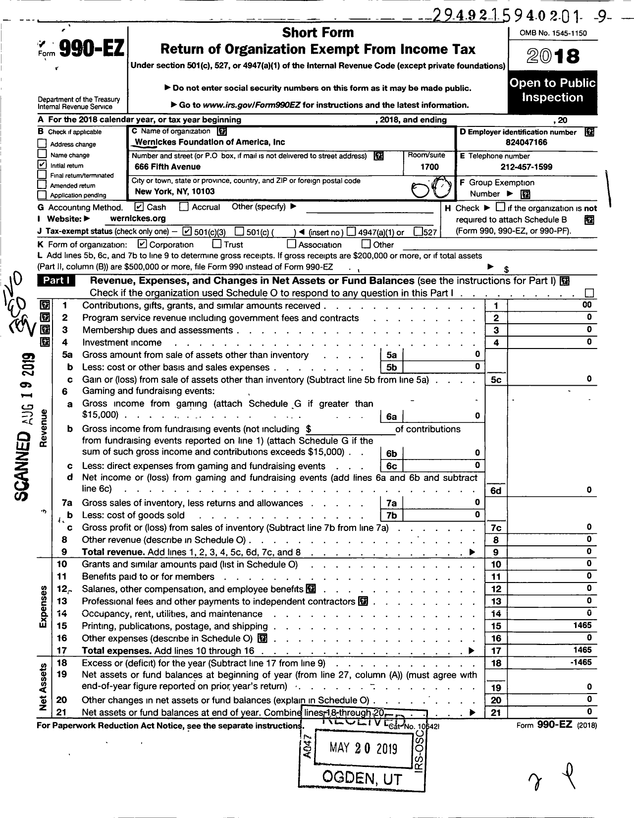 Image of first page of 2018 Form 990EO for Wernickes Foundation of America