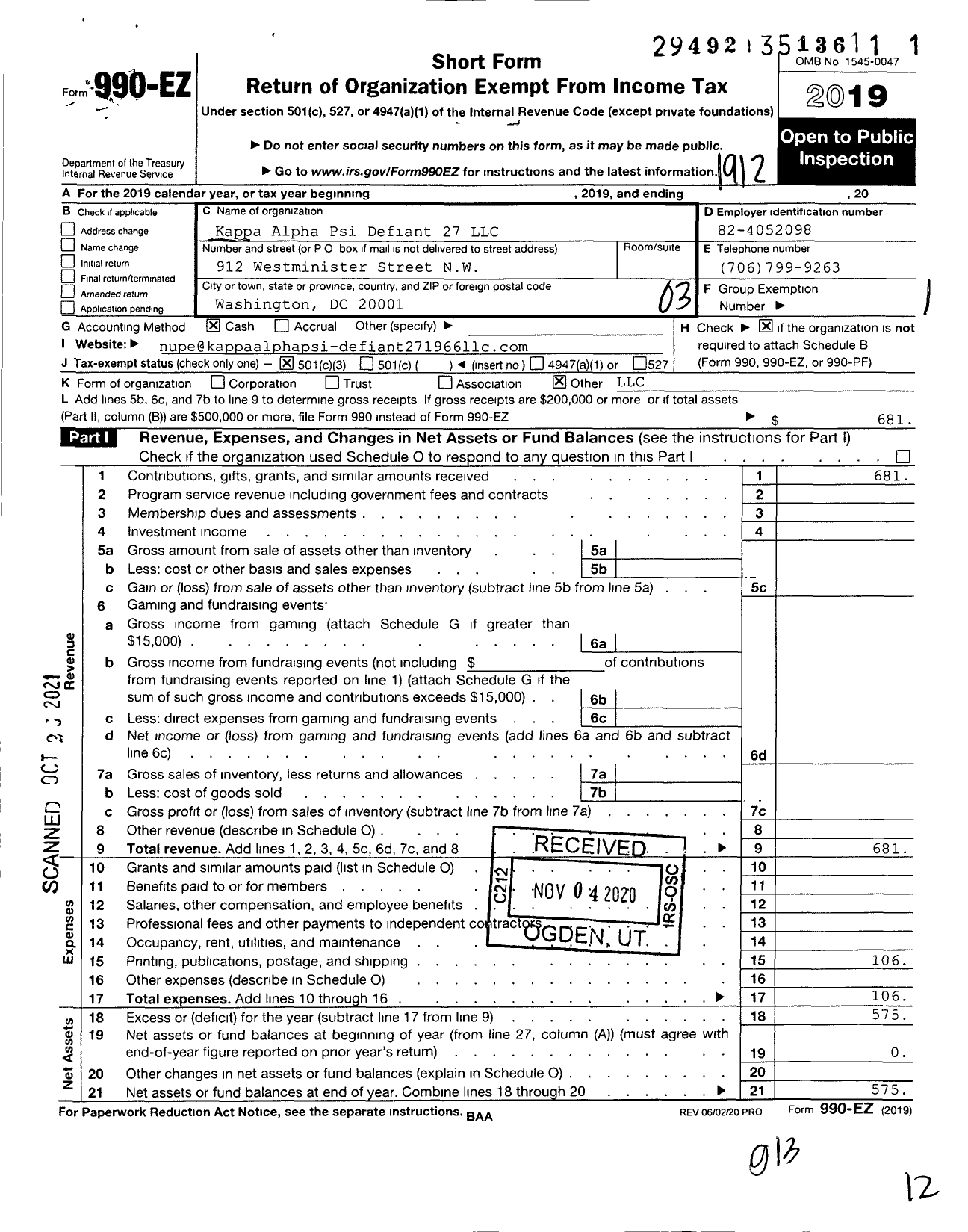 Image of first page of 2019 Form 990EZ for Kappa Alpha Psi Defiant 27 LLC