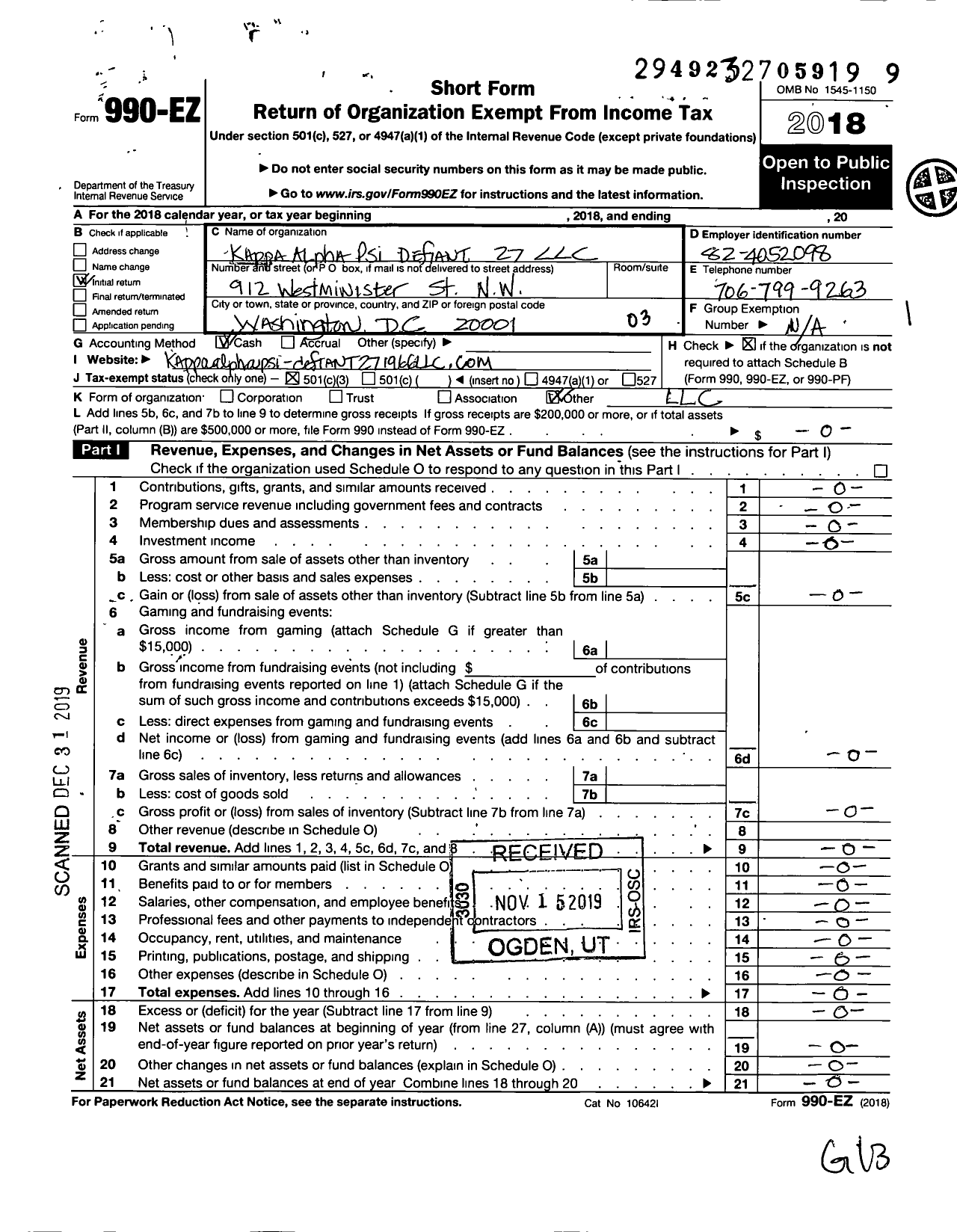 Image of first page of 2018 Form 990EZ for Kappa Alpha Psi Defiant 27 LLC