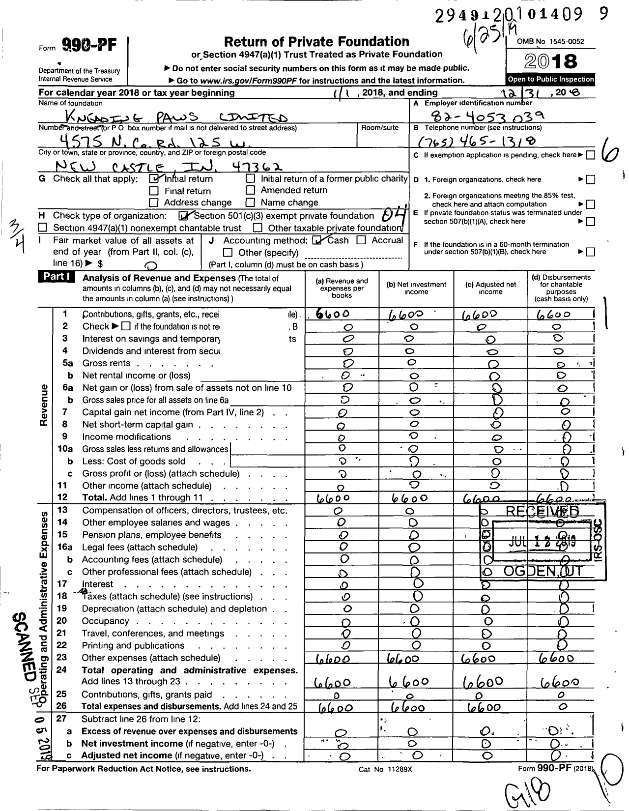 Image of first page of 2018 Form 990PF for Kneading Paws