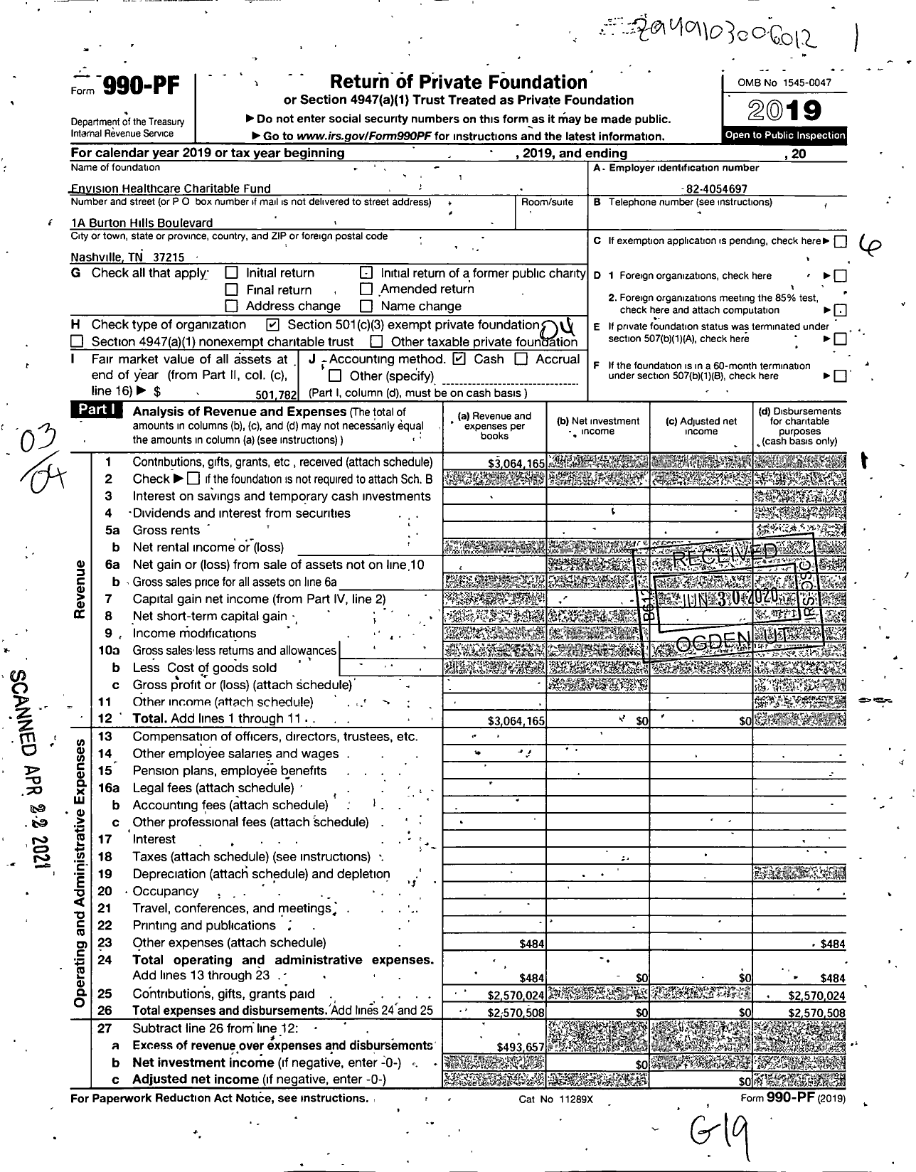 Image of first page of 2019 Form 990PF for Envision Healthcare Charitable Fund