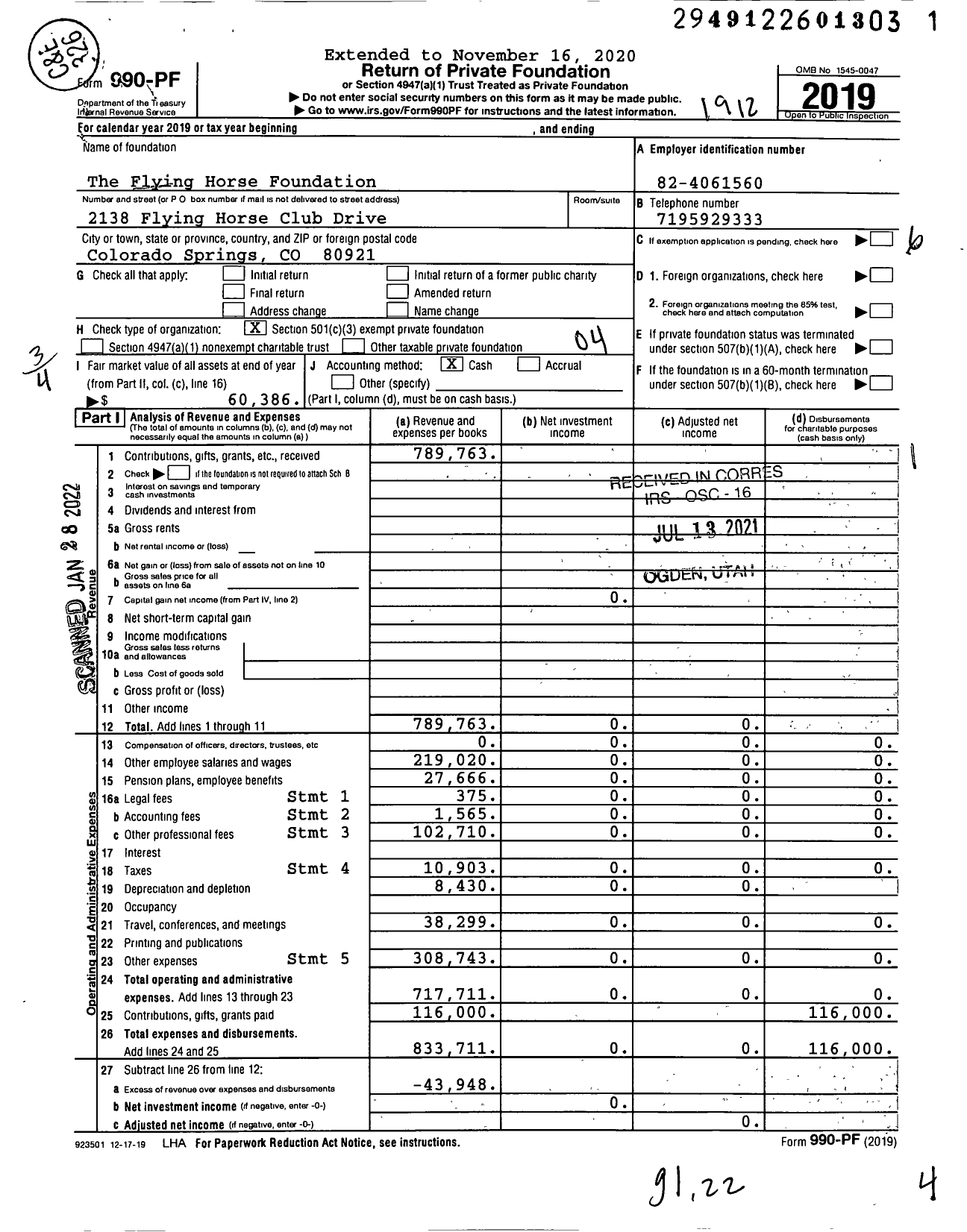 Image of first page of 2019 Form 990PF for The Flying Horse Foundation