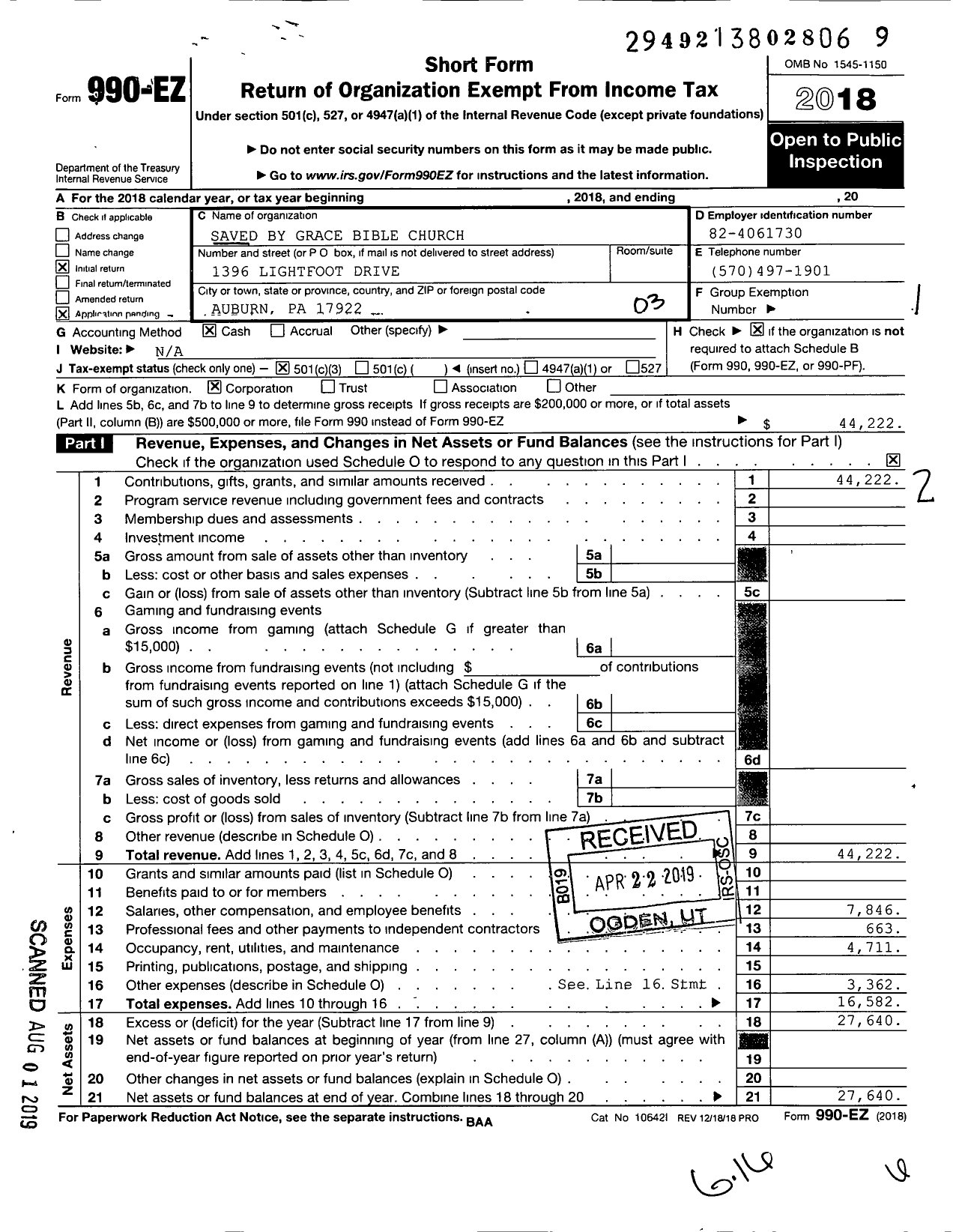 Image of first page of 2018 Form 990EZ for Saved By Grace Bible Church