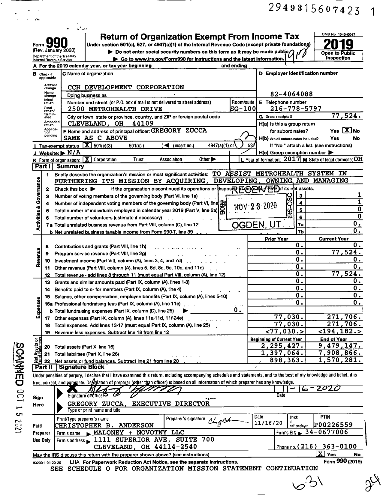 Image of first page of 2019 Form 990 for CCH Development Corporation