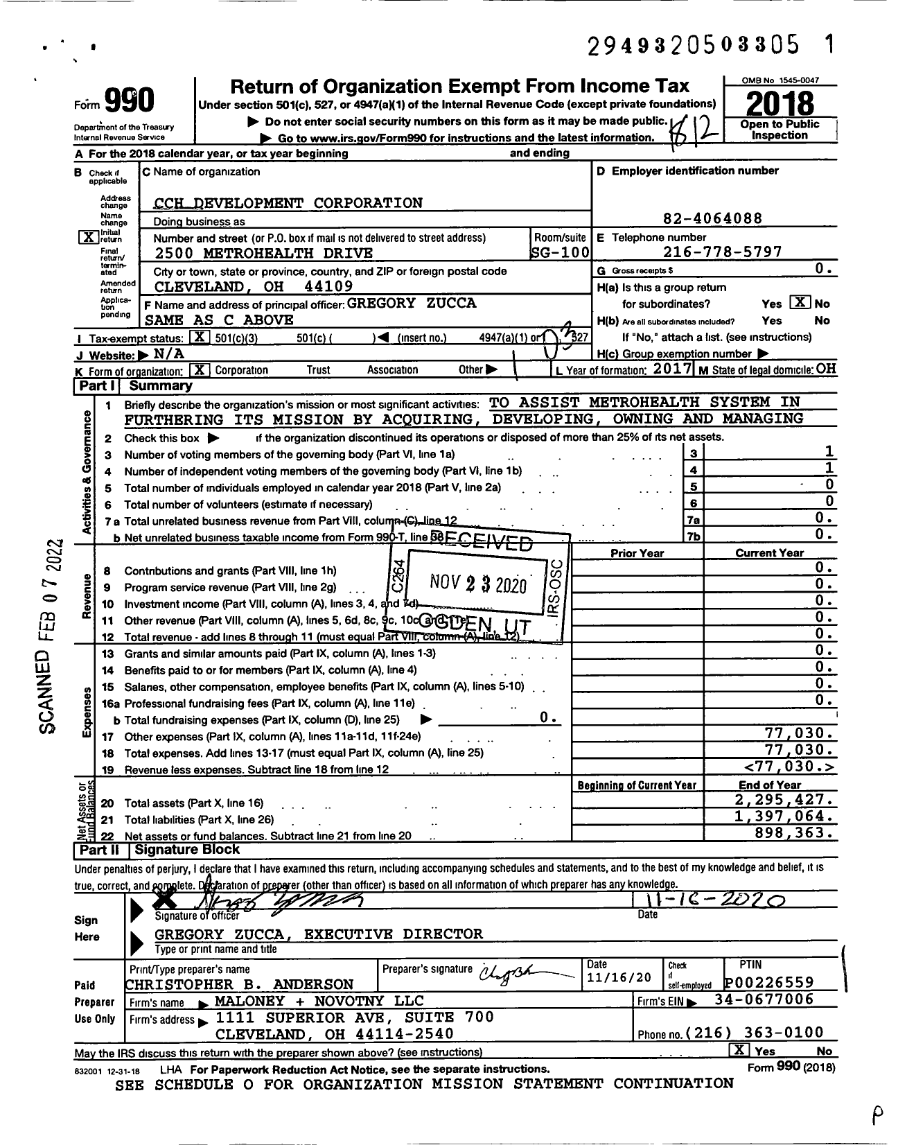 Image of first page of 2018 Form 990 for CCH Development Corporation