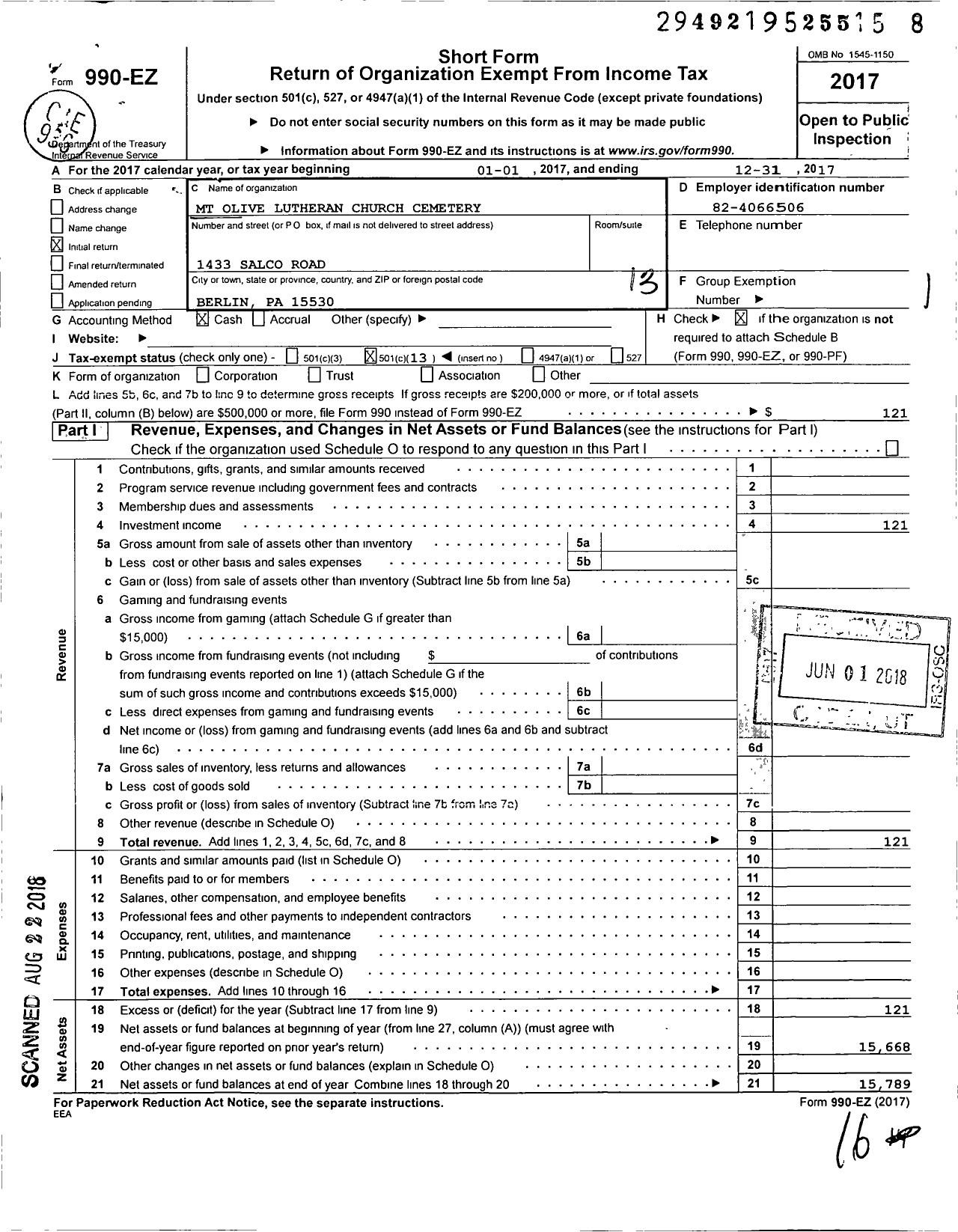 Image of first page of 2017 Form 990EO for MT Olive Lutheran Church Cemetery