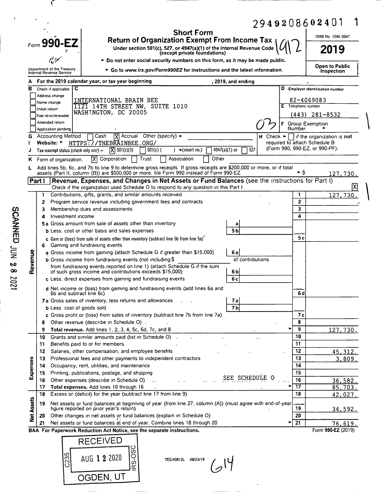 Image of first page of 2019 Form 990EZ for International Brain Bee