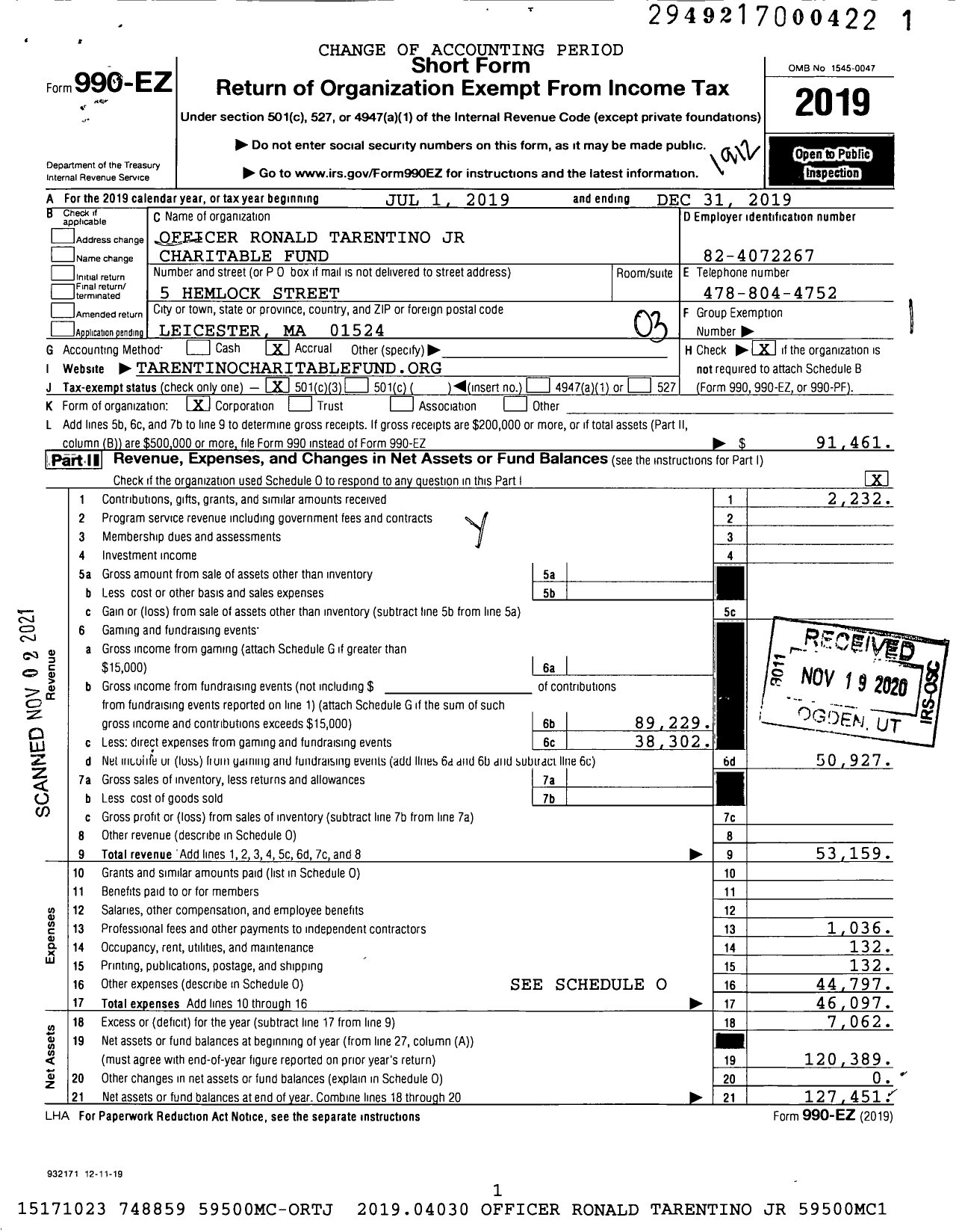 Image of first page of 2019 Form 990EZ for Officer Ronald Tarentino JR Charitable Fund