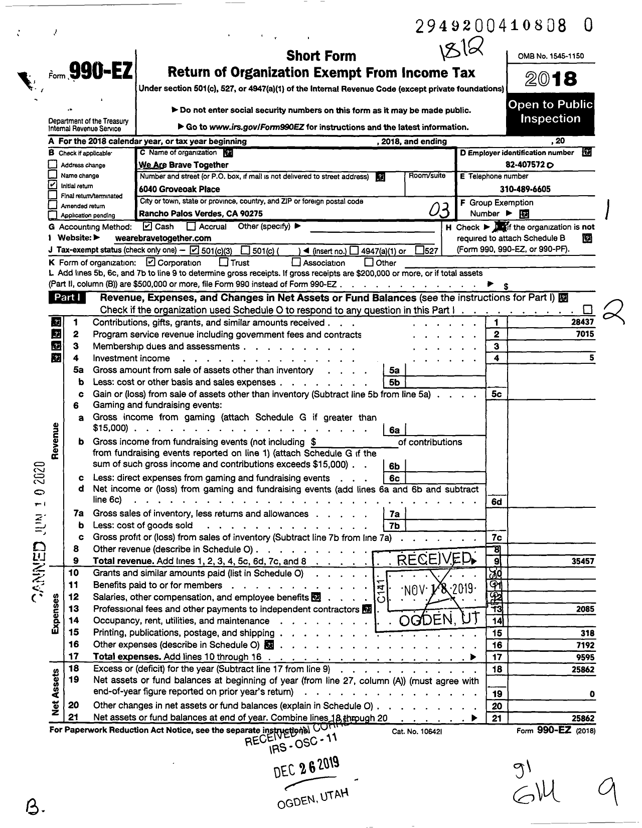 Image of first page of 2018 Form 990EZ for We Are Brave Together