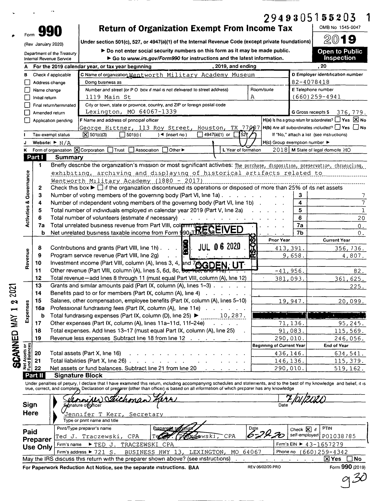 Image of first page of 2019 Form 990 for Wentworth Military Academy Museum