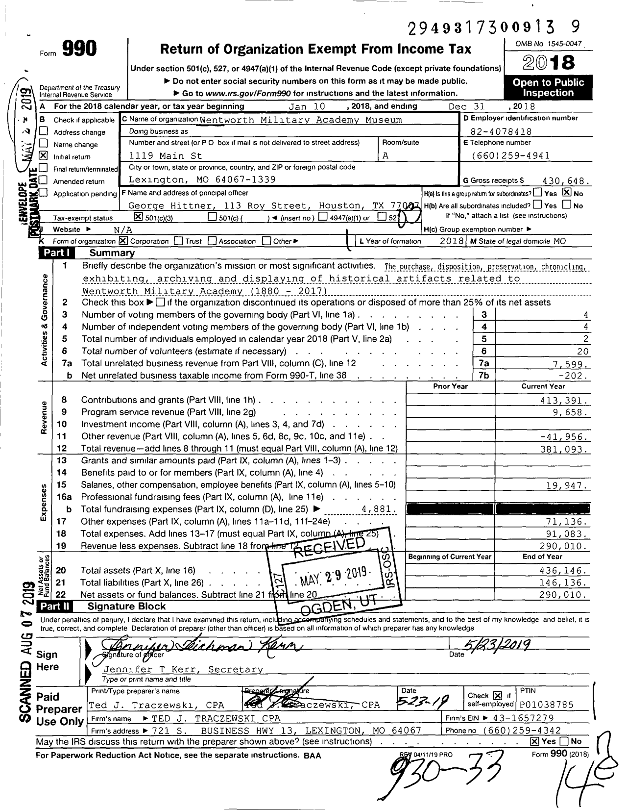 Image of first page of 2018 Form 990 for Wentworth Military Academy Museum