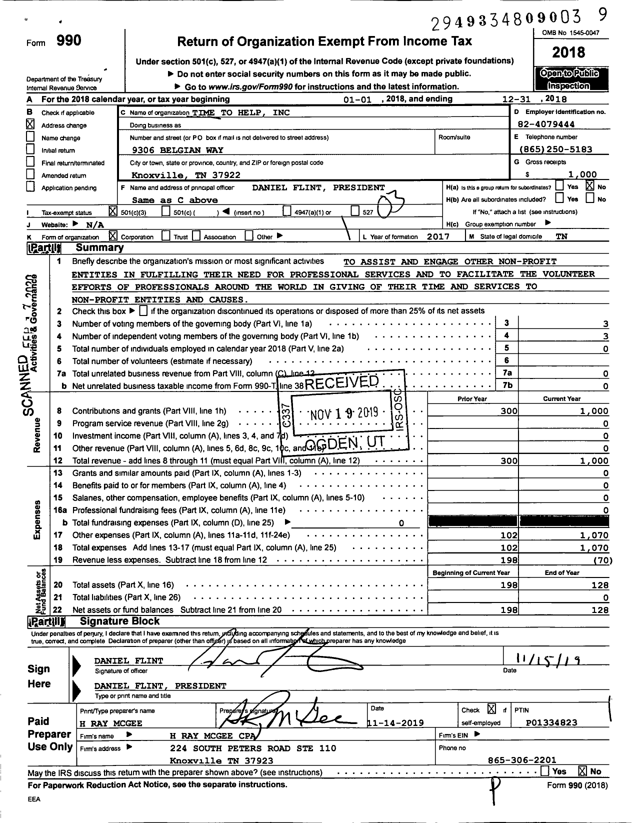 Image of first page of 2018 Form 990 for Time To Help