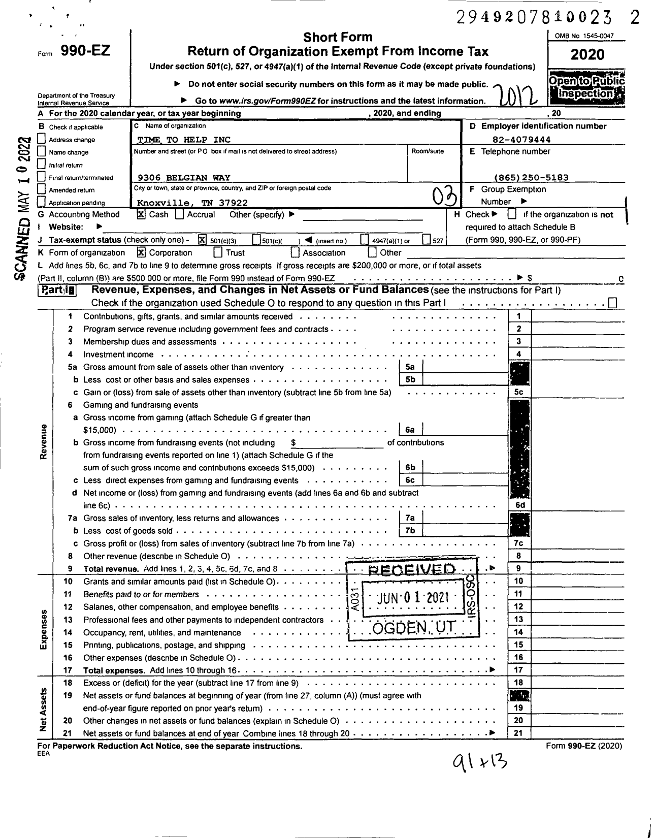 Image of first page of 2020 Form 990EZ for Time To Help