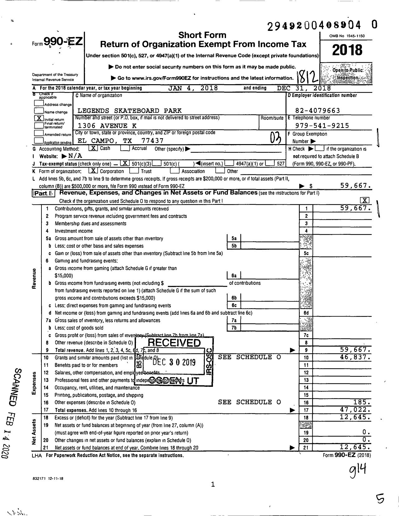 Image of first page of 2018 Form 990EZ for Legends Skateboard Park