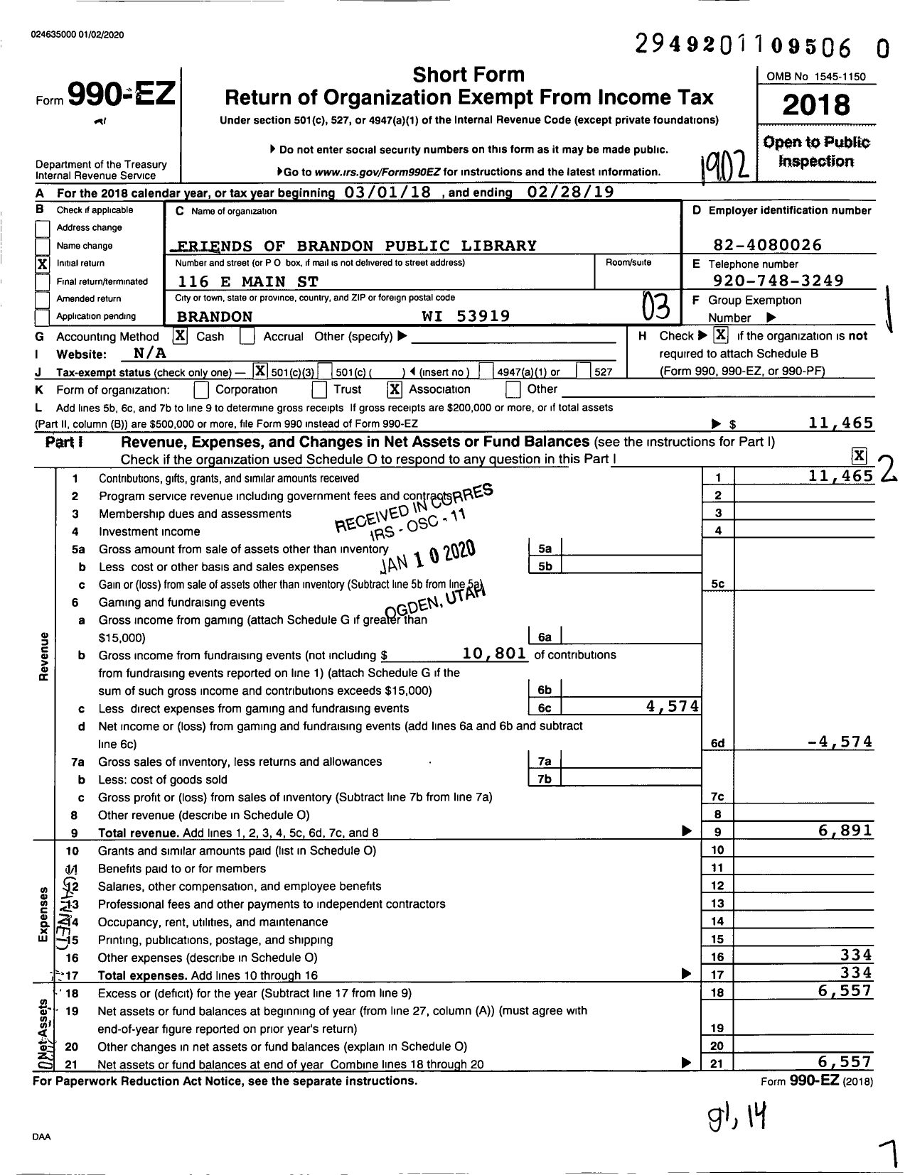 Image of first page of 2018 Form 990EZ for Friends of the Brandon Public Library