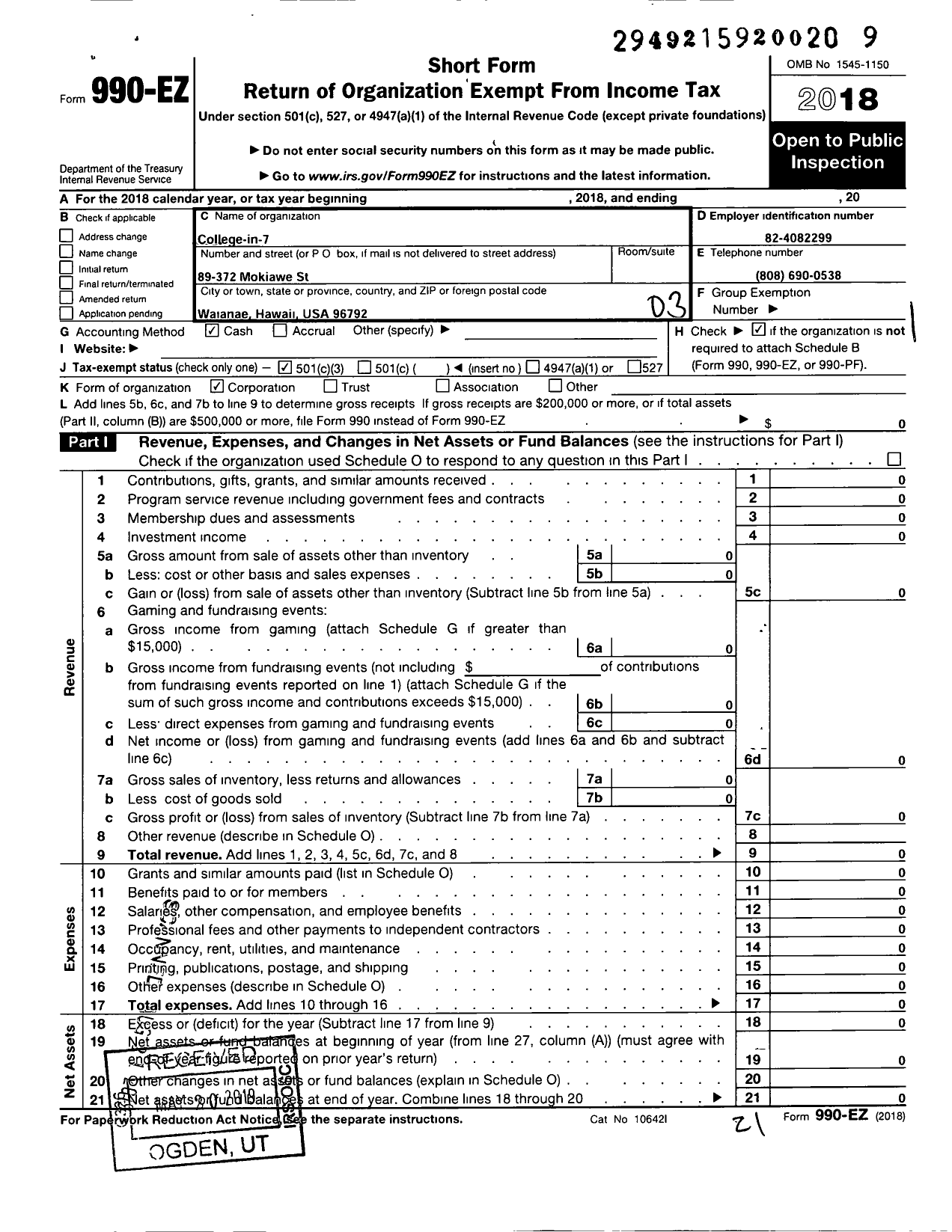 Image of first page of 2018 Form 990EZ for College-In-7