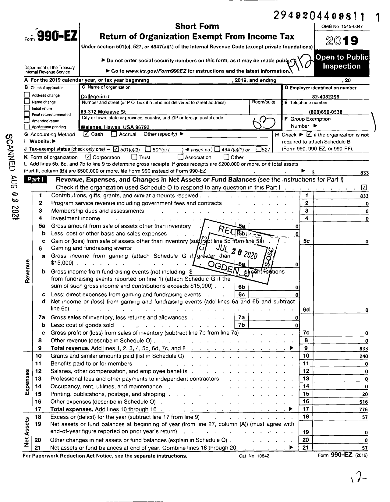 Image of first page of 2019 Form 990EZ for College-In-7