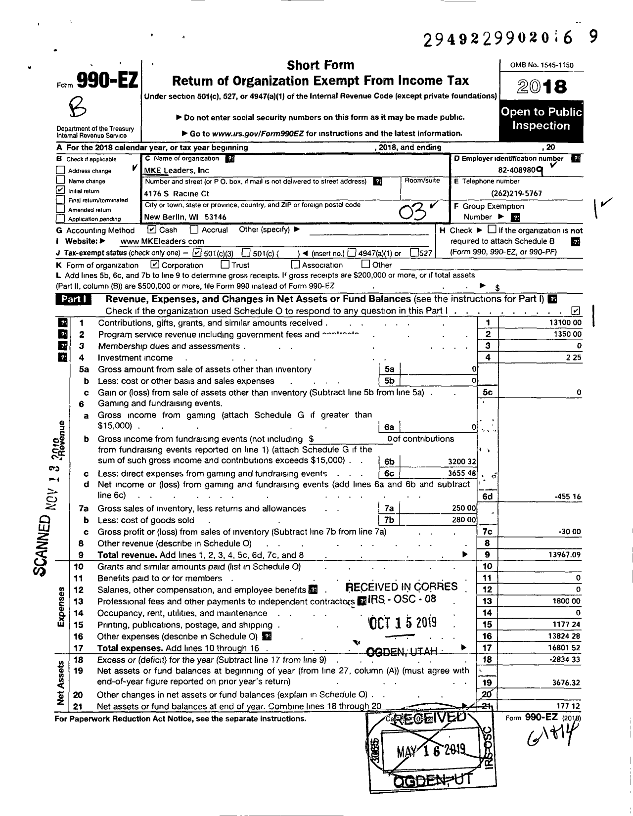 Image of first page of 2018 Form 990EZ for Mke Leaders