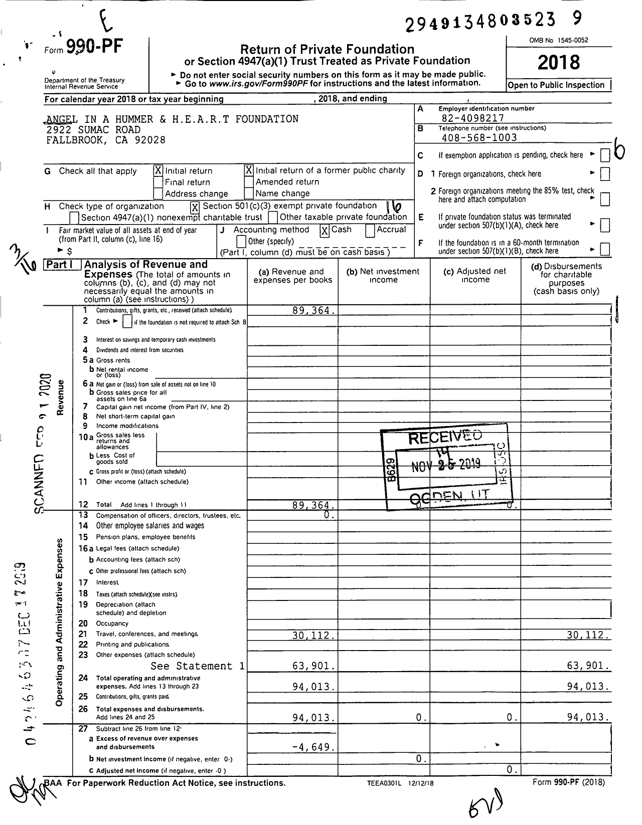 Image of first page of 2018 Form 990PF for Angel in A Hummer and Heart Foundation