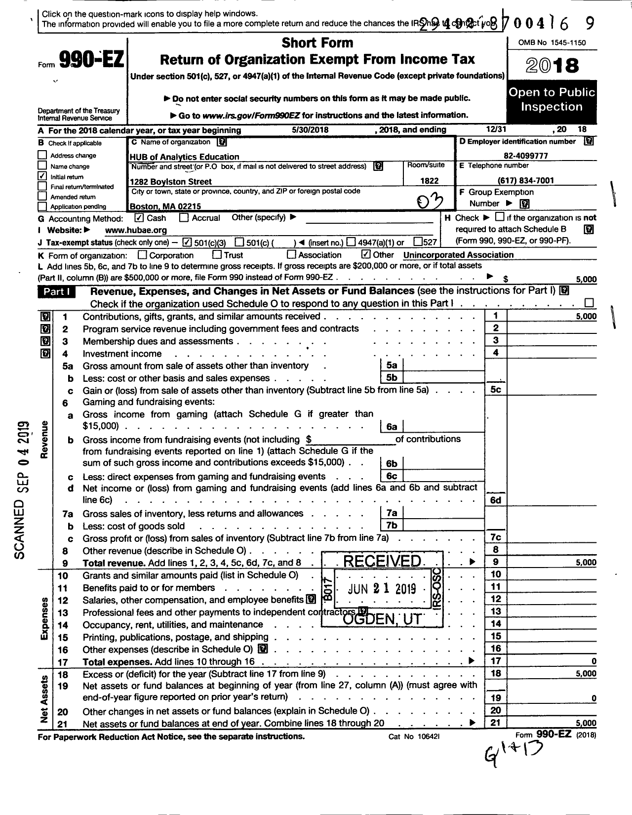 Image of first page of 2018 Form 990EZ for Hub of Analytics Education