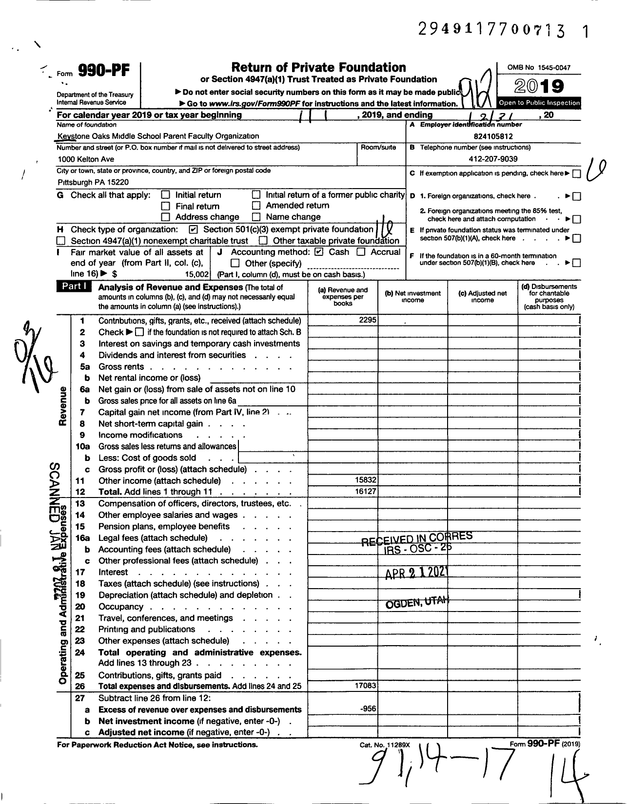 Image of first page of 2019 Form 990PF for Keystone Oaks Middle School Parent Faculty Organization