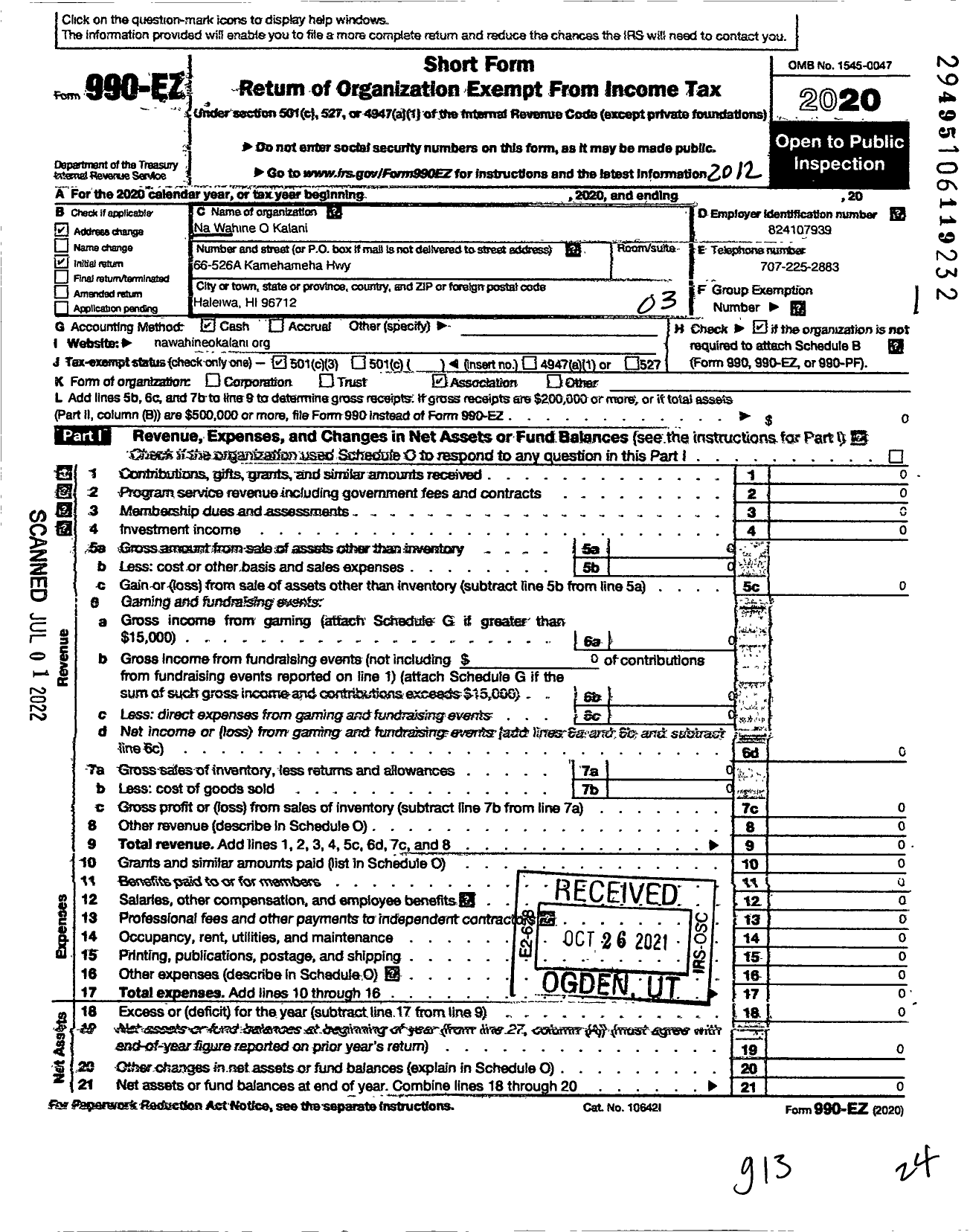 Image of first page of 2020 Form 990EZ for Na Wahine O Kalani