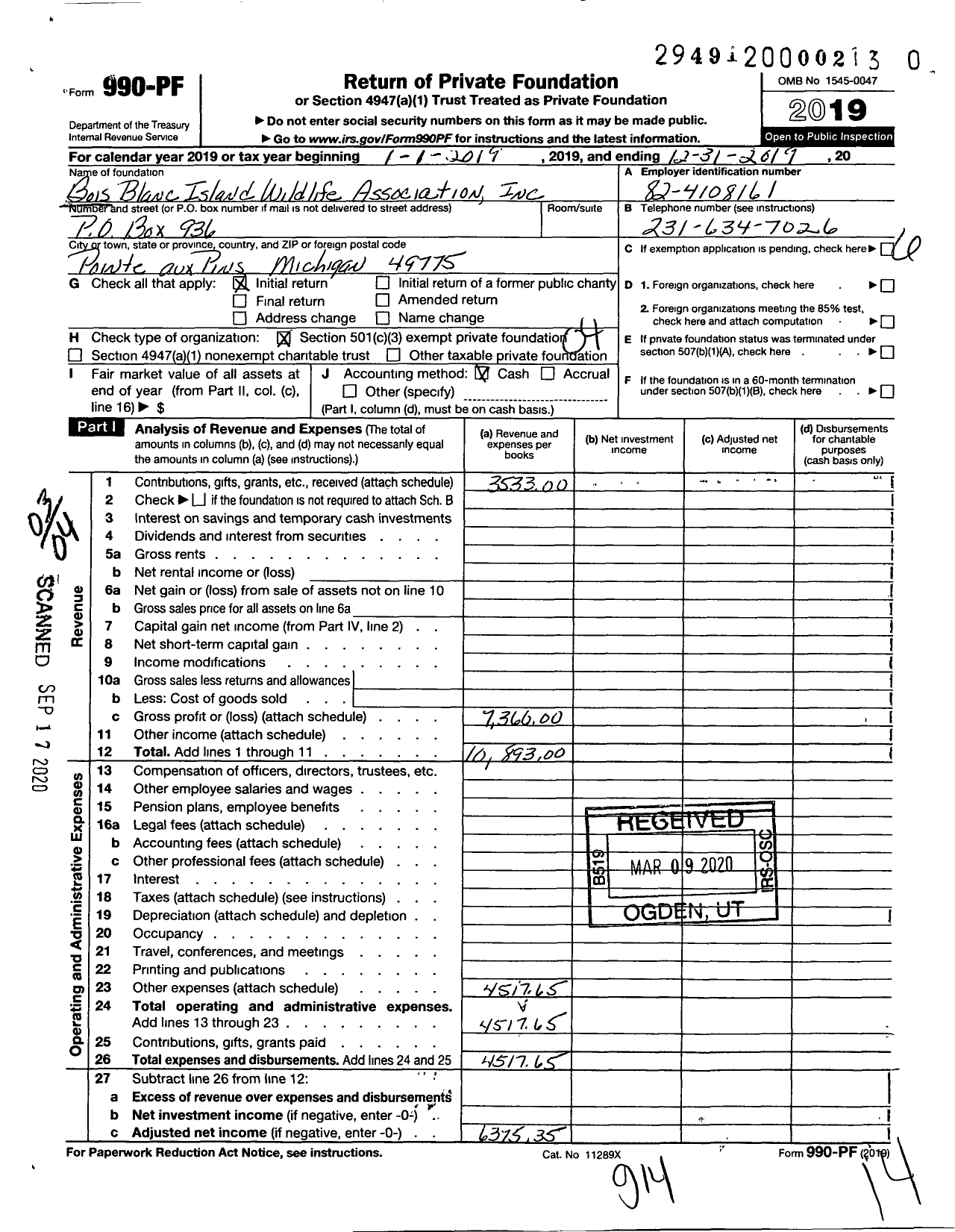 Image of first page of 2019 Form 990PR for Bois Blanc Island Wildlife Association