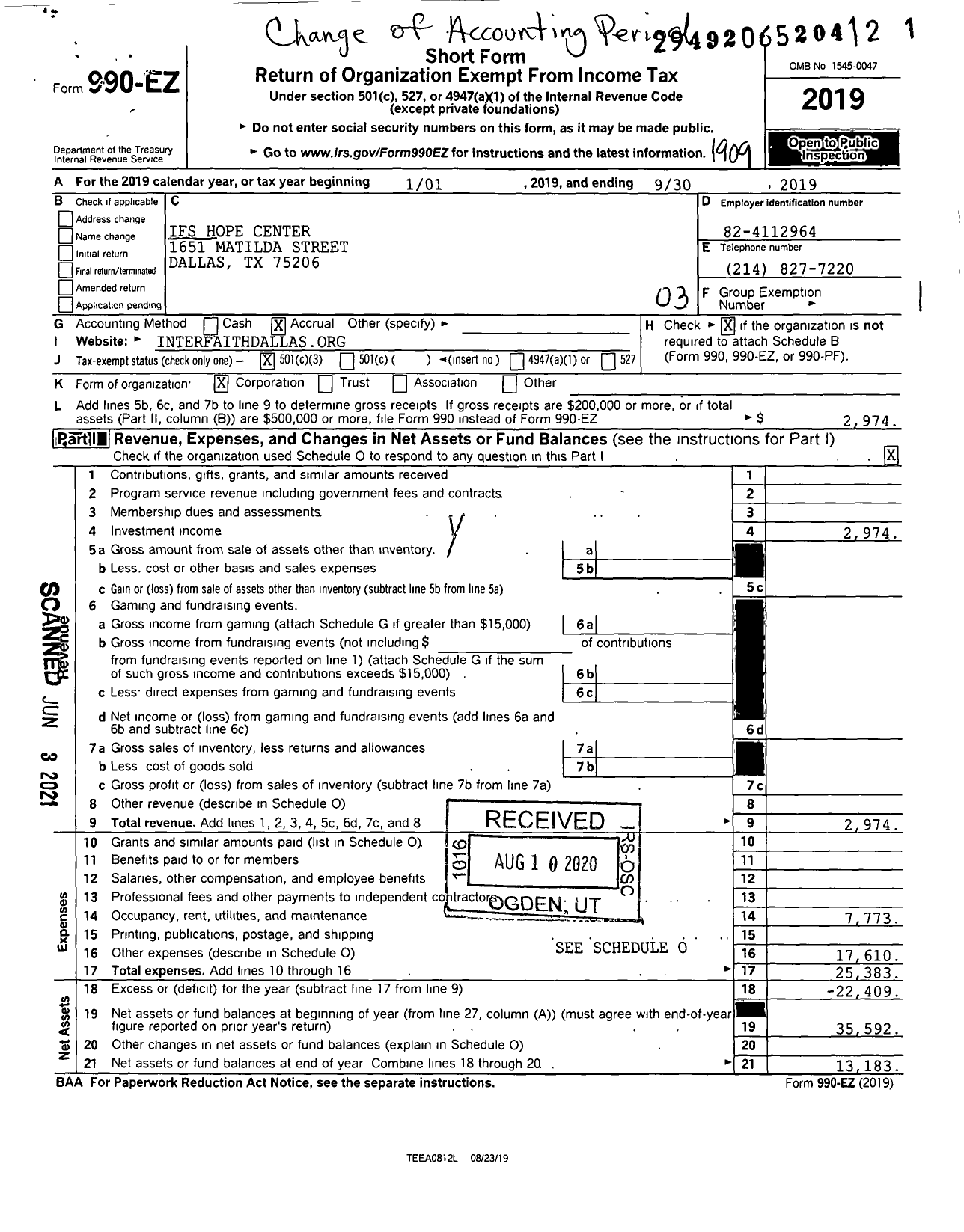 Image of first page of 2018 Form 990EZ for Ifs Hope Center